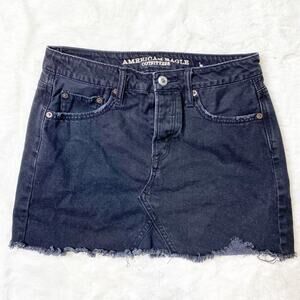 American Eagle Denim Button Fly Mini Skirt Black Raw Hem 4